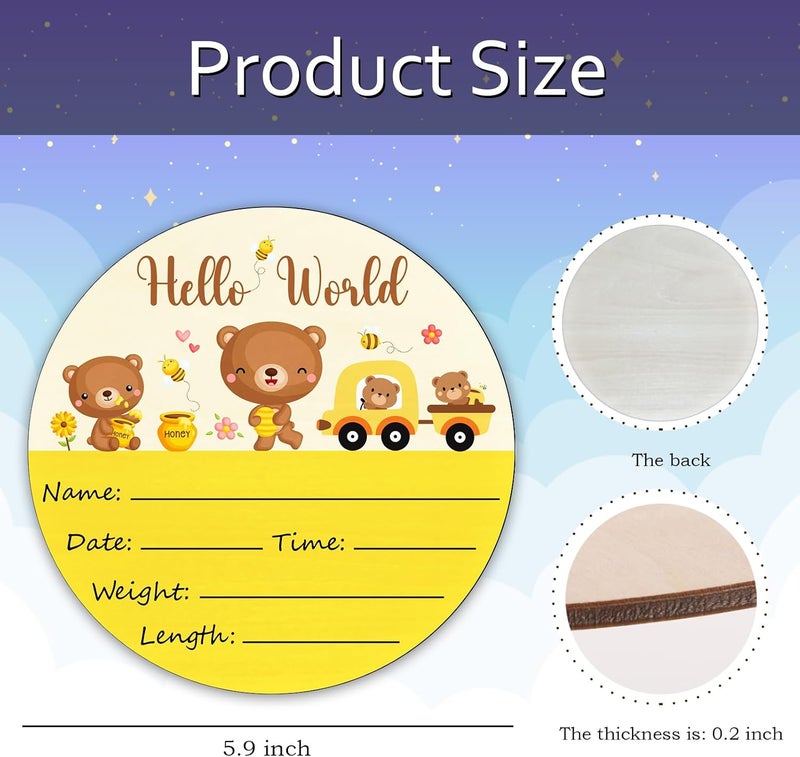 CLHHM Bear Baby Name Announcement Sign Hello World Newborn Sign wooden Newbaby Gifts Nursery Wall Décor 5.9 Inch Baby Stats Board - Image 2